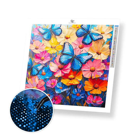New! Flowers and Blue Butterflies - Exclusive Premium Diamond Painting Kit - 30x30cm / 12x12’’ / Square (Most Popular)