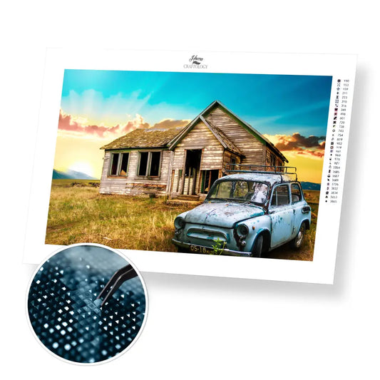 Old Farmhouse and Old Car - Premium Diamond Painting Kit - 45x30cm / 18x12’’ / Square (Most Popular) - Diamond Painting