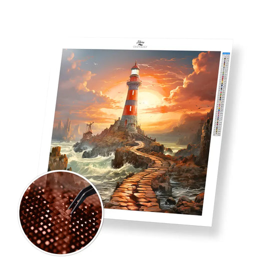 Orange and Blue Lighthouse - Exclusive Premium Diamond Painting Kit - 30x30cm / 12x12’’ / Square (Most Popular)
