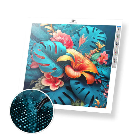 Orange Flowers and Leaves - Premium Diamond Painting Kit - 20x20cm / 8x8’’ / Square (Most Popular) - Diamond Painting