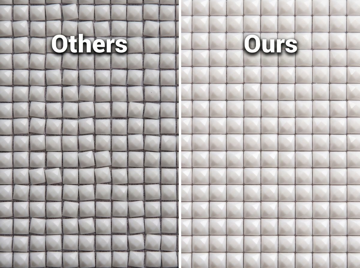 Uneven acrylic diamonds with gaps beside perfectly aligned resin diamonds