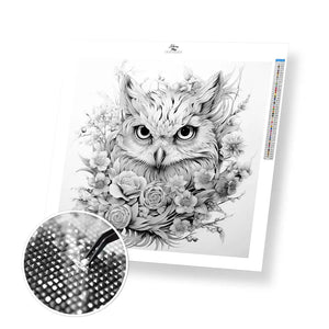 Owl with Flowers - Exclusive Premium Diamond Painting Kit - 30x30cm / 12x12’’ / Square (Most Popular) - Diamond