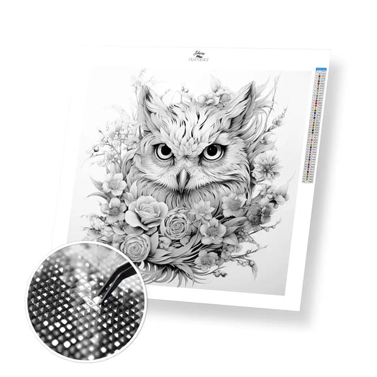 Owl with Flowers - Exclusive Premium Diamond Painting Kit - 30x30cm / 12x12’’ / Square (Most Popular) - Diamond