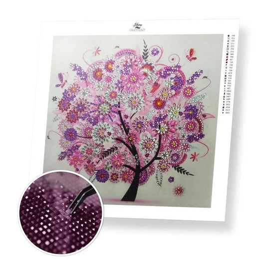 Pink Blossom Tree Gemstone - Premium 5D Poured Glue Diamond Painting Kit - 30x30cm / 12x12’’ - Gemstone
