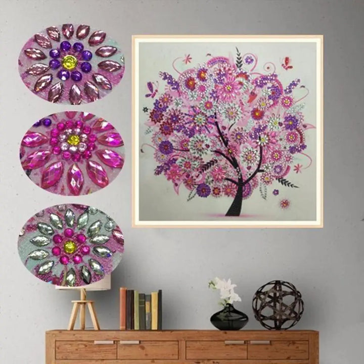 Pink Blossom Tree Gemstone - Premium 5D Poured Glue Diamond Painting Kit - 30x30cm / 12x12’’ - Gemstone