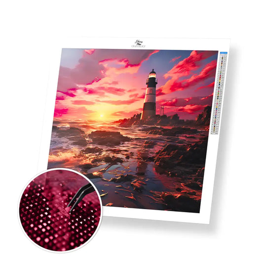 Pink Sky Lighthouse - Exclusive Premium Diamond Painting Kit - 30x30cm / 12x12’’ / Square (Most Popular) / No Frame