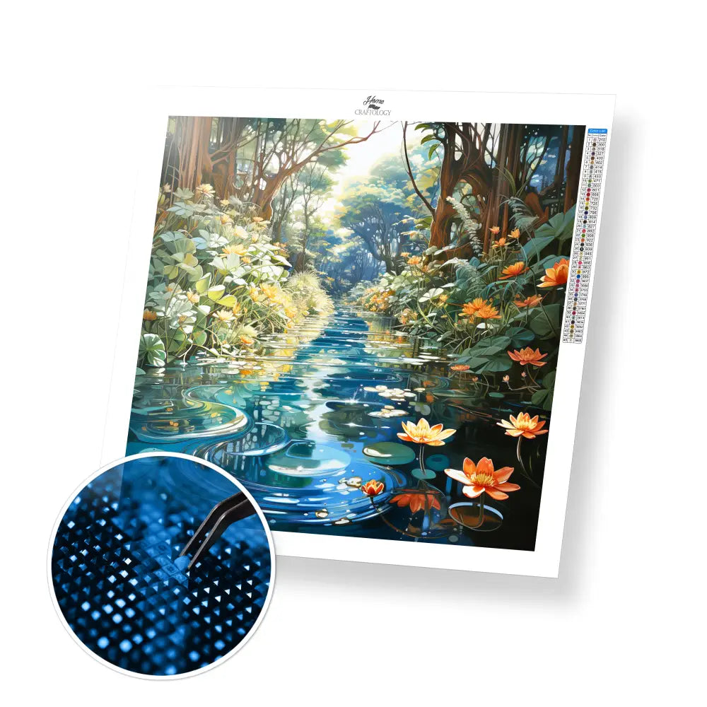 Pond with Flowers - Exclusive Premium Diamond Painting Kit - 30x30cm / 12x12’’ / Square (Most Popular) - Diamond