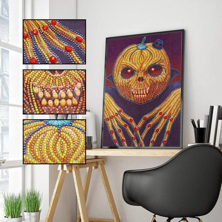 Pumpkin Head Gemstone - Premium 5D Poured Glue Diamond Painting Kit - 30x40cm / 12x16’’ - Gemstone