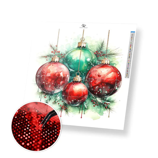 Red and Green Christmas Balls - Exclusive Premium Diamond Painting Kit - 20x20cm / 8x8’’ / Square (Most Popular)