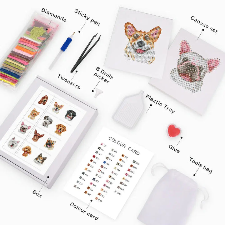 Set of 12 Dogs - Mini Diamond Painting Kits - Mini Painting
