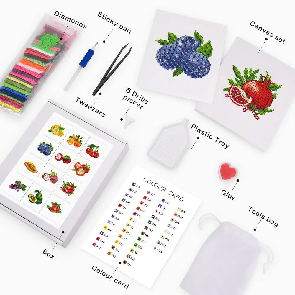 Set of 12 Fruits - Mini Diamond Painting Kits - Mini Painting
