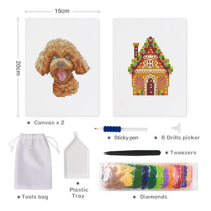Set of 2 Dog and House - Mini Diamond Painting Kits - Mini Painting