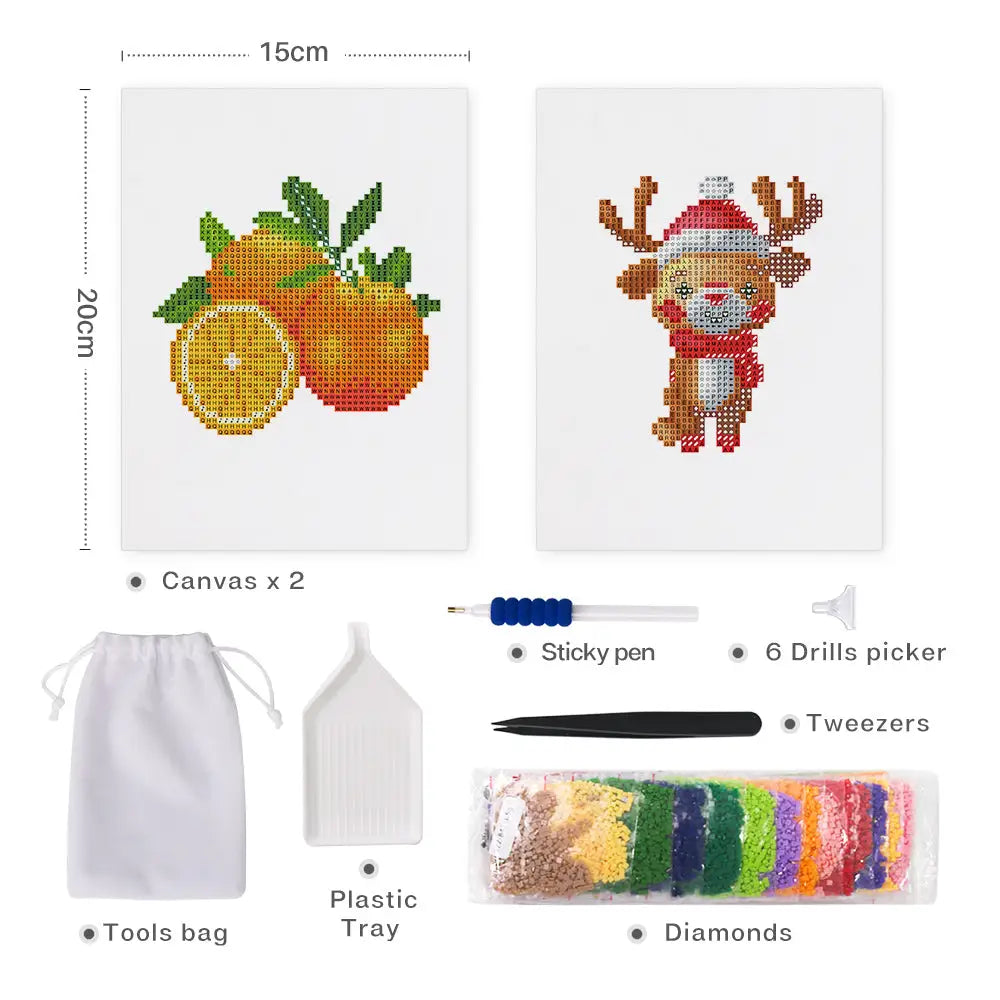 Set of 2 Orange and Reindeer - Mini Diamond Painting Kits - Mini Painting