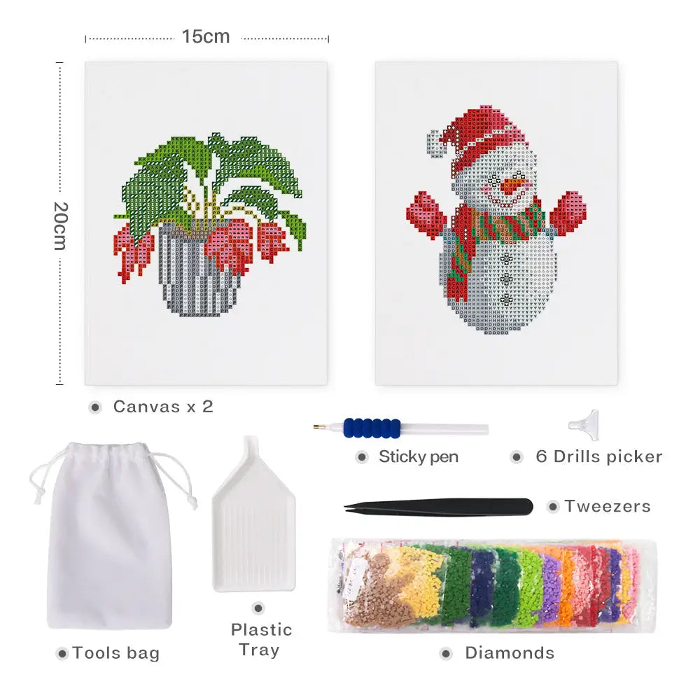 Set of 2 Plant and Snowman - Mini Diamond Painting Kits - Mini Painting