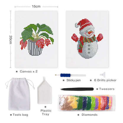 Set of 2 Plant and Snowman - Mini Diamond Painting Kits - Mini Painting