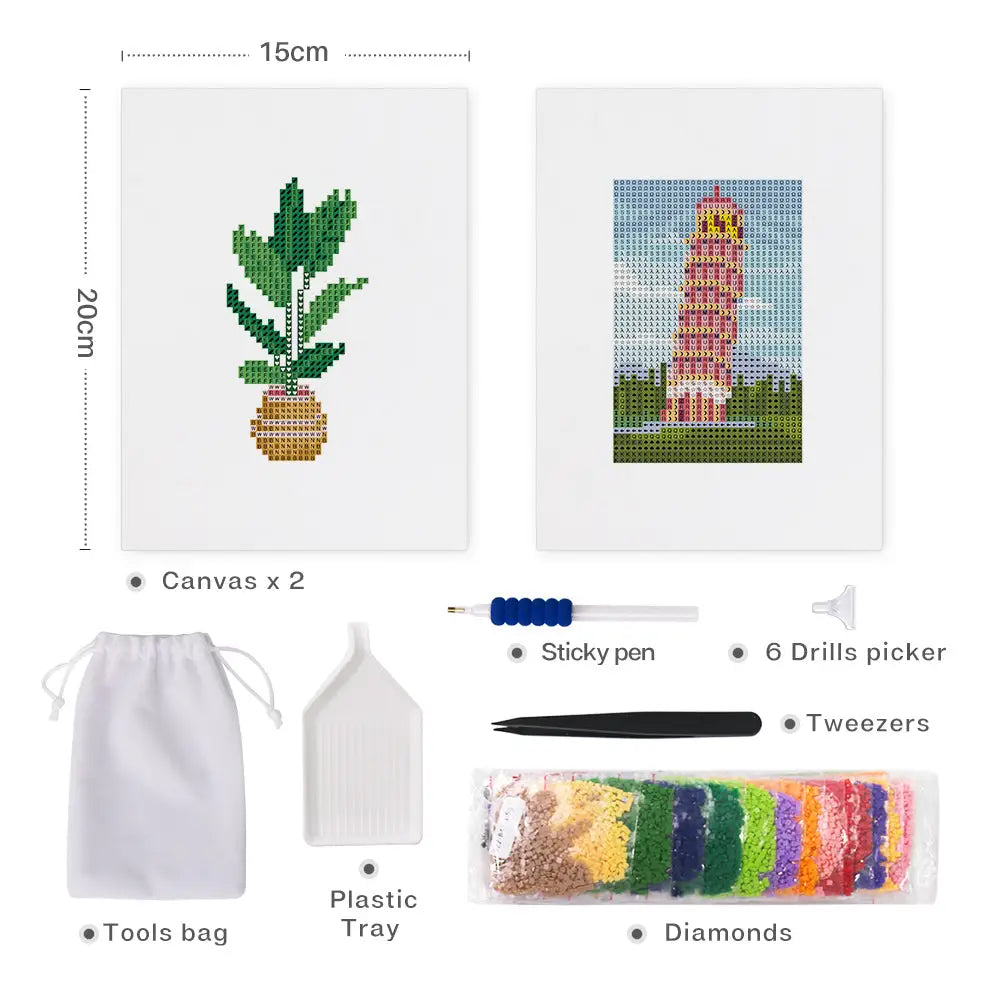 Set of 2 Plant and Tower - Mini Diamond Painting Kits - Mini Painting