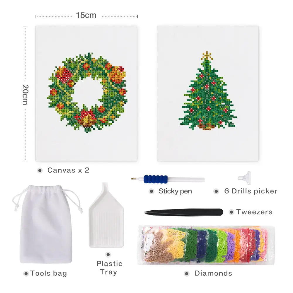 Set of 2 Wreath and Tree - Mini Diamond Painting Kits - Mini Painting