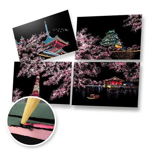 Set of 4 Cherry Blossom Scratch Postcards - Scratch Painting
