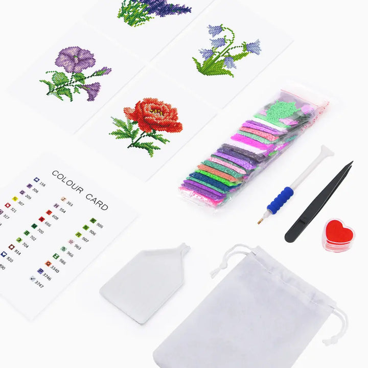 Set of 4 Flowers - Mini Diamond Painting Kits - Mini Painting
