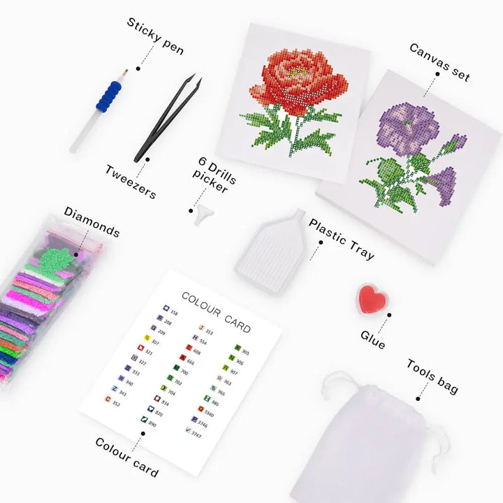 Set of 4 Flowers - Mini Diamond Painting Kits - Mini Painting
