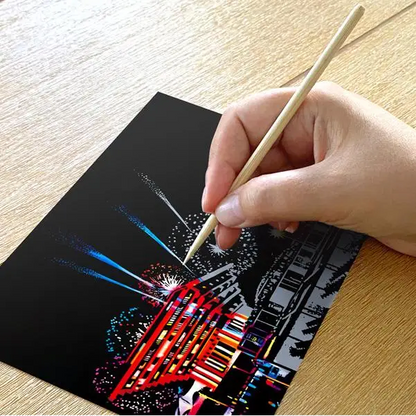 Set of 4 New Year Fireworks Scratch Postcards - Scratch Painting
