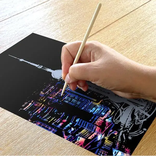 Set of 4 Skyline Cityscapes Scratch Postcards - Scratch Painting