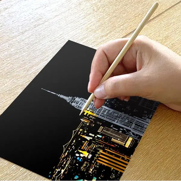 Set of 4 Skyline Cityscapes Scratch Postcards - Scratch Painting