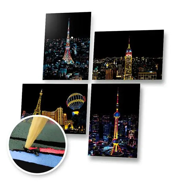 Set of 4 Skyline Cityscapes Scratch Postcards - Scratch Painting