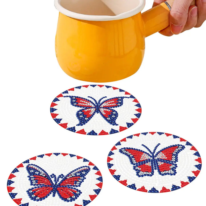 Set of 6 Blue and Red Butterflies - Diamond Painting Coaster - Coasters