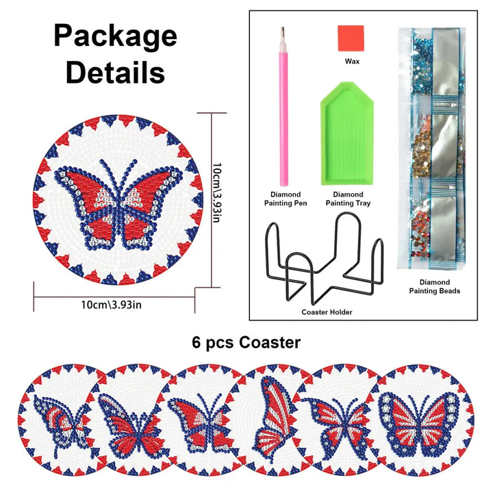 Set of 6 Blue and Red Butterflies - Diamond Painting Coaster - Coasters