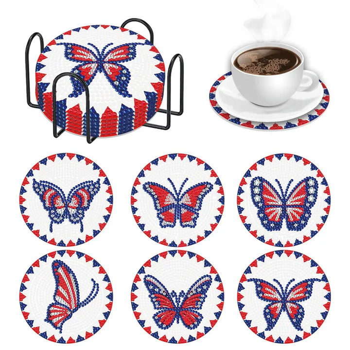 Set of 6 Blue and Red Butterflies - Diamond Painting Coaster - Coasters