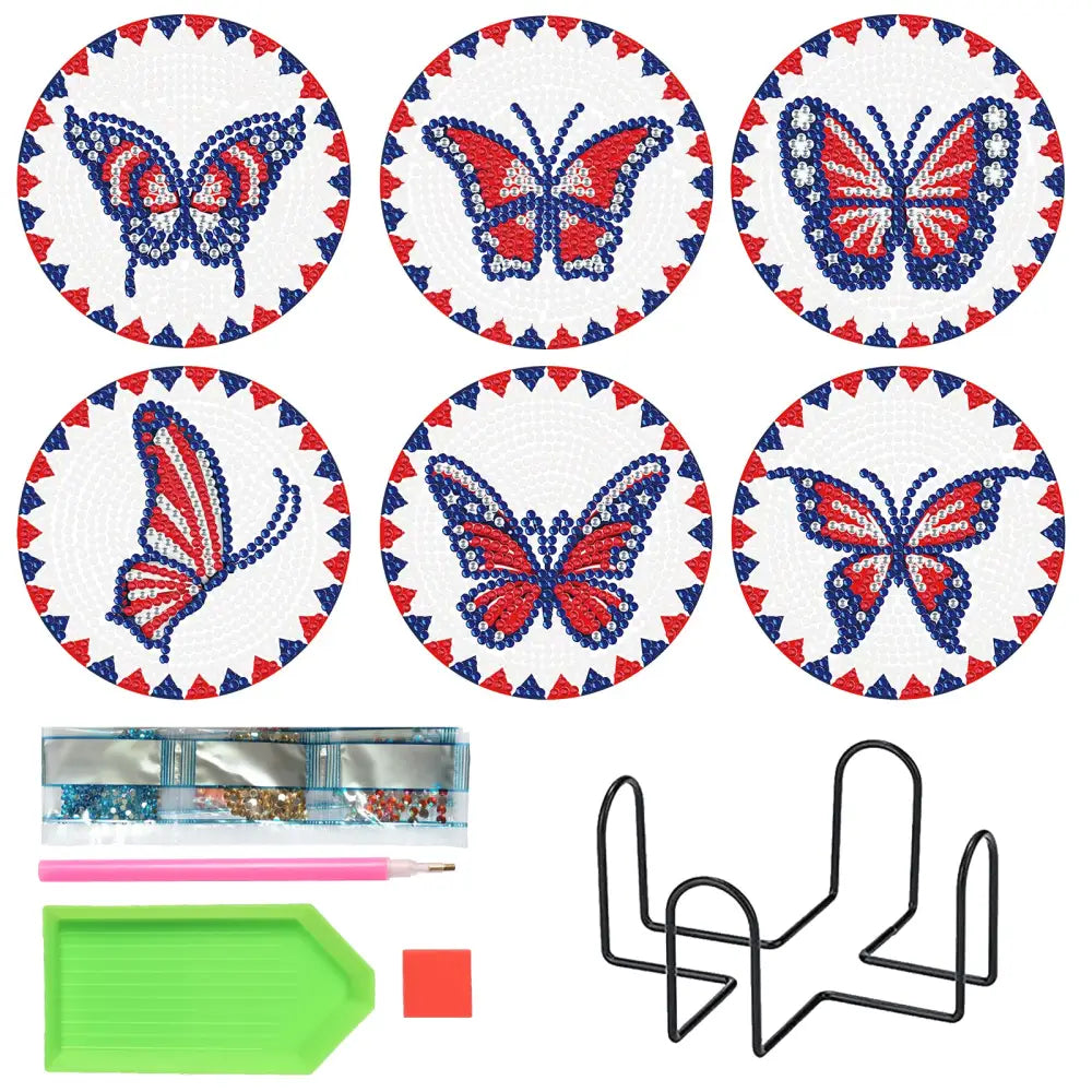 Set of 6 Blue and Red Butterflies - Diamond Painting Coaster - Coasters