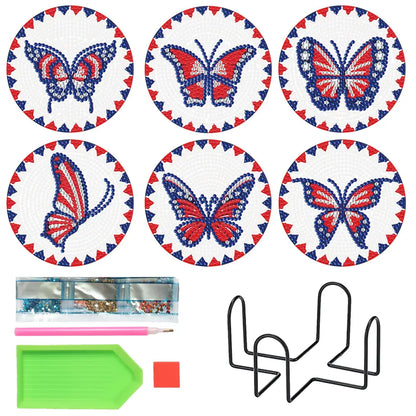 Set of 6 Blue and Red Butterflies - Diamond Painting Coaster - Coasters