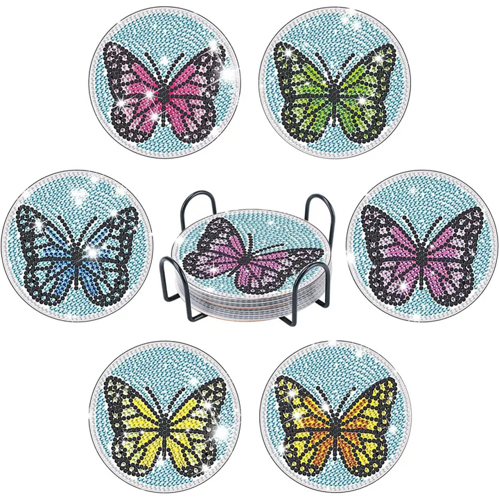 Set of 6 Blue Butterflies - Diamond Painting Coaster - Coasters