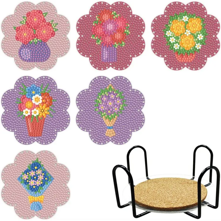 Set of 6 Flowers - Diamond Painting Coaster - Coasters