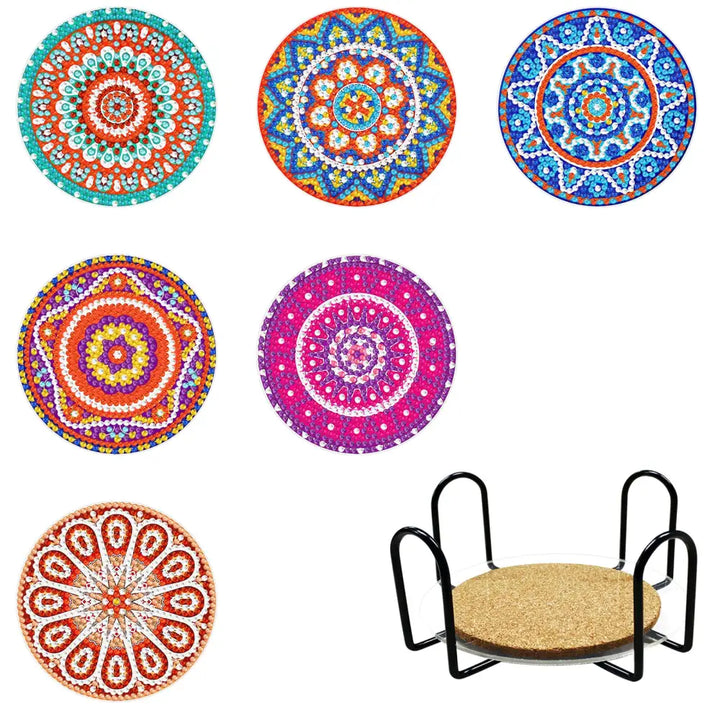 Set of 6 Round Mandalas - Diamond Painting Coaster - Coasters