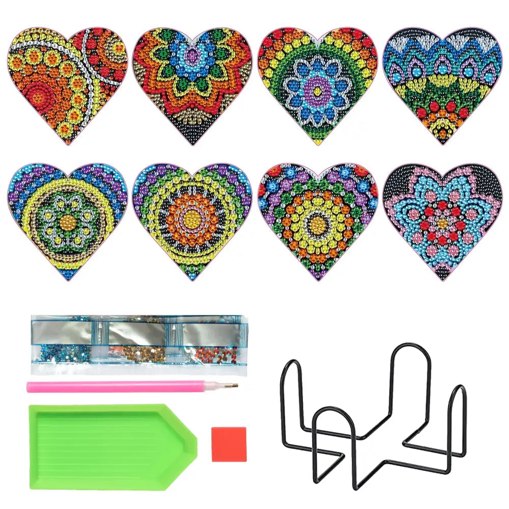 Set of 8 Heart Mandala - Diamond Painting Coaster - Coasters
