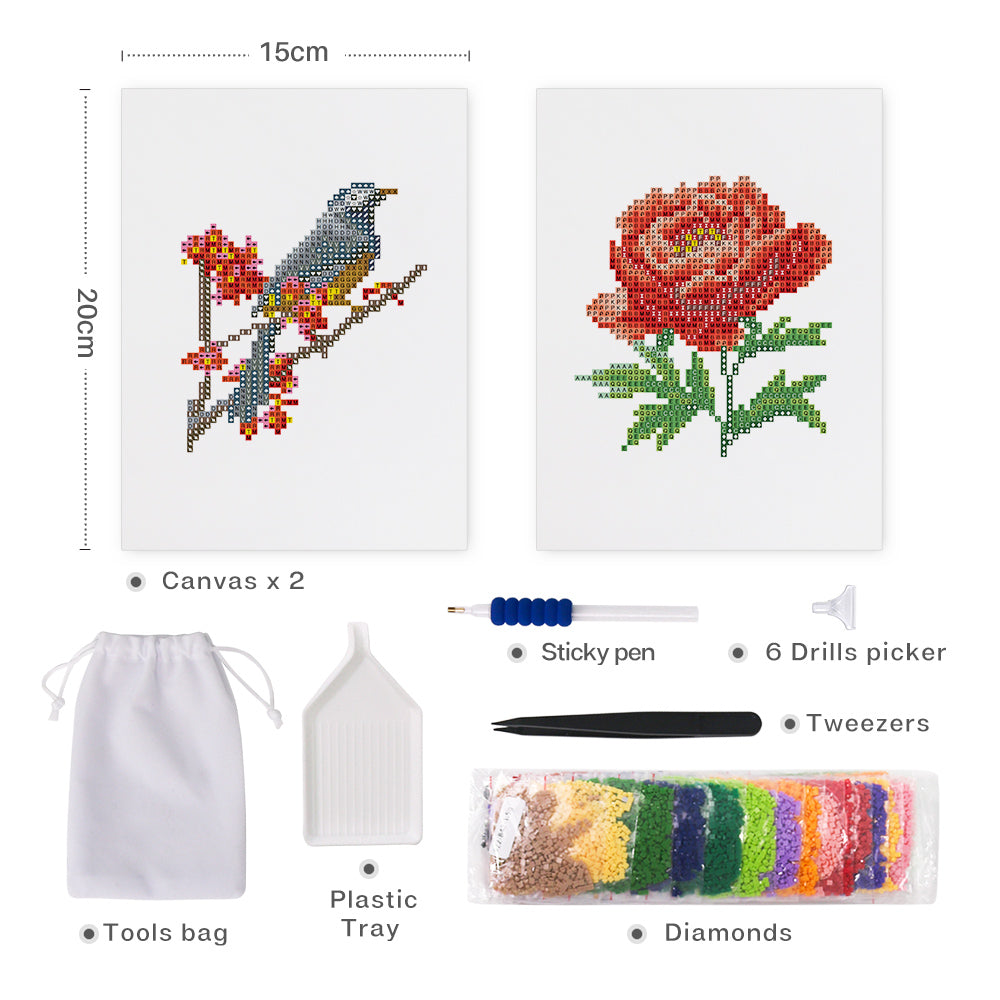 Set of 2 Bird and Flower - Mini Diamond Painting Kits