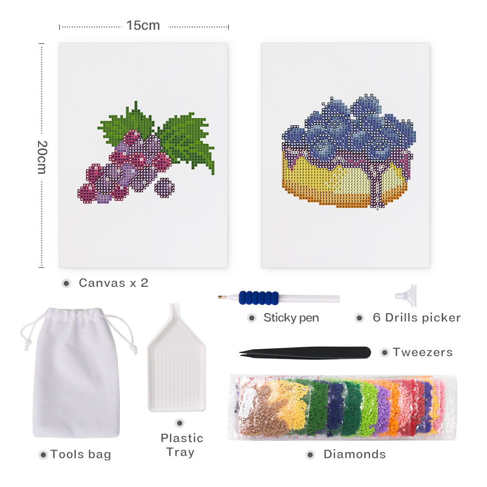 Set of 2 Grapes and Blueberries - Mini Diamond Painting Kits