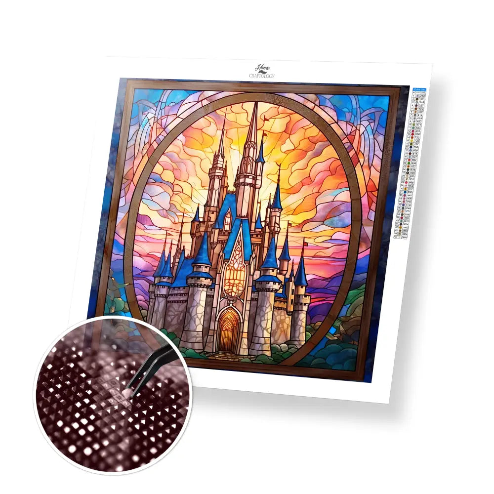 Stained Glass Castle Sunset - Exclusive Premium Diamond Painting Kit - 30x30cm / 12x12’’ / Square (Most Popular)