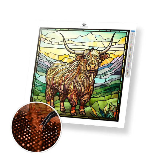 Stained Glass Highland Cow - Exclusive Premium Diamond Painting Kit - 20x20cm / 8x8’’ / Square (Most Popular) - Diamond