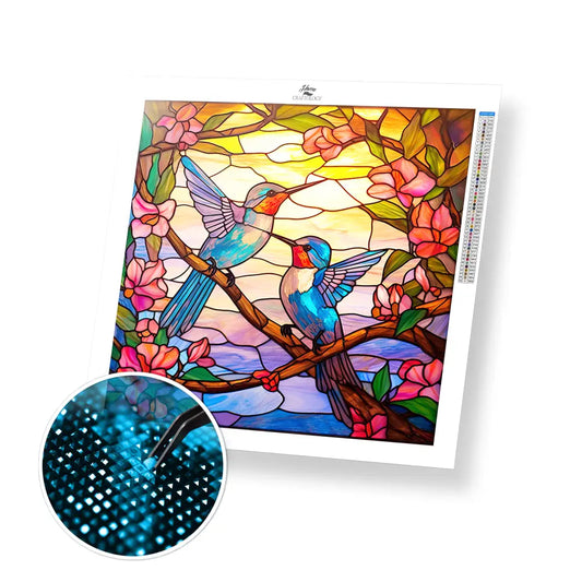 Stained Glass Hummingbirds on Branch - Exclusive Premium Diamond Painting Kit - 30x30cm / 12x12’’ / Square (Most