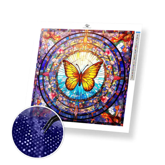 Stained Glass Orange Butterfly - Exclusive Premium Diamond Painting Kit - 20x20cm / 8x8’’ / Square (Most Popular)