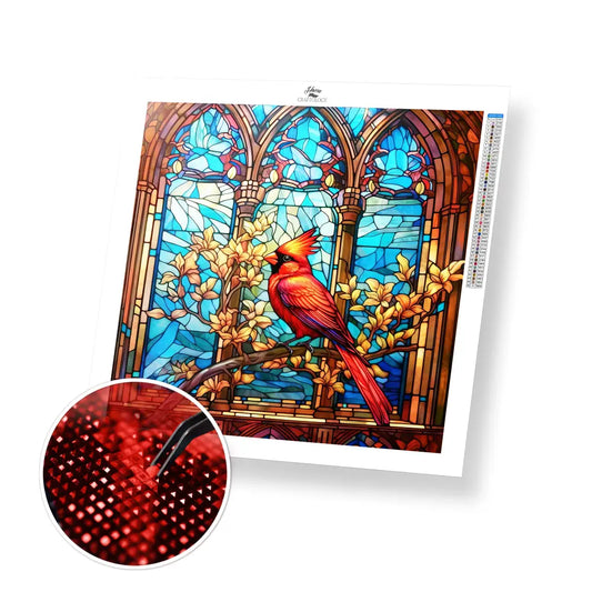Stained Glass Red Cardinal - Exclusive Premium Diamond Painting Kit - 30x30cm / 12x12’’ / Square (Most Popular)