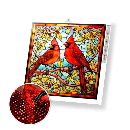 Stained Glass Two Red Cardinals - Exclusive Premium Diamond Painting Kit - 30x30cm / 12x12’’ / Square (Most Popular)