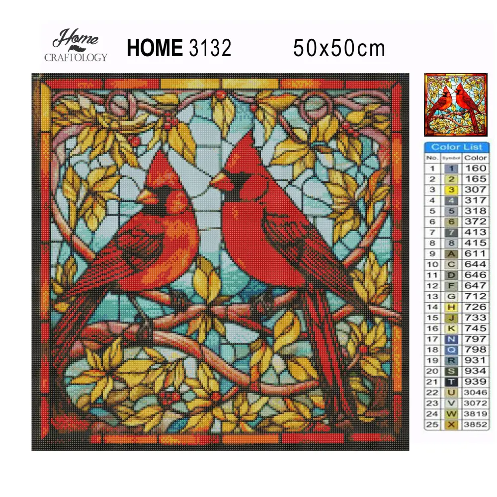 Stained Glass Two Red Cardinals - Exclusive Premium Diamond Painting Kit - Diamond Painting Kit