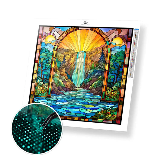 Stained Glass Waterfalls Sunset - Exclusive Premium Diamond Painting Kit - 30x30cm / 12x12’’ / Square (Most Popular)