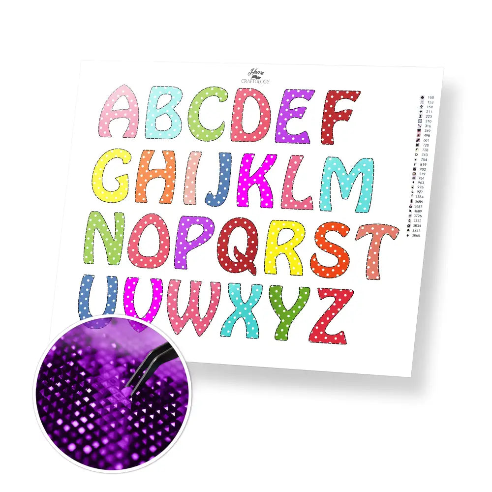 The Alphabets - Premium Diamond Painting Kit - 25x20cm / 10x8’’ / Square (Most Popular) - Diamond Painting Kit