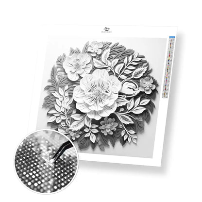 White Flowers with Leaves - Exclusive Premium Diamond Painting Kit - 20x20cm / 8x8’’ / Square (Most Popular) - Diamond