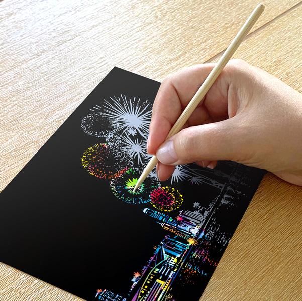 Set of 4 New Year Fireworks Scratch Postcards